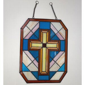 Handmade Acrylic Stained-Glass Cross Sun Catcher Multicolor Octagon Shaped